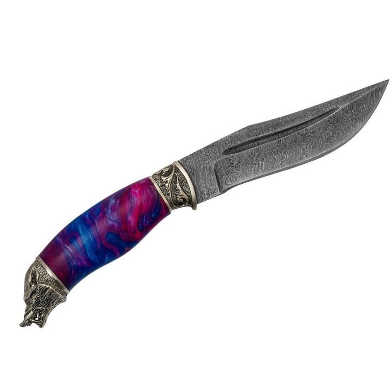 Нож ручной работы Хищник, Дамасская сталь, рукоять акрил фиолетовый