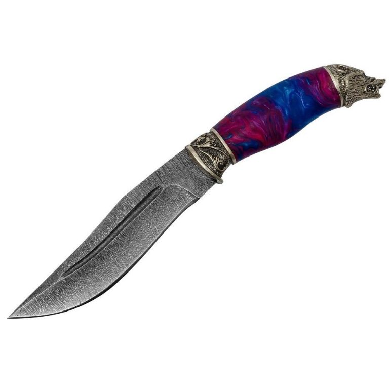 Нож ручной работы Хищник, Дамасская сталь, рукоять акрил фиолетовый