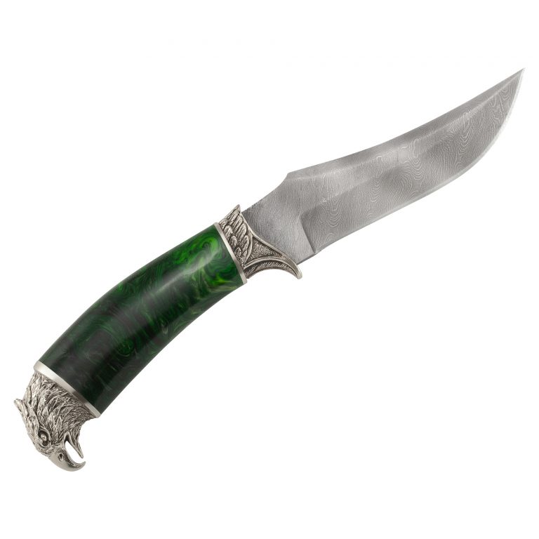 Нож ручной работы Беркут, Дамасская сталь, рукоять акрил зеленый